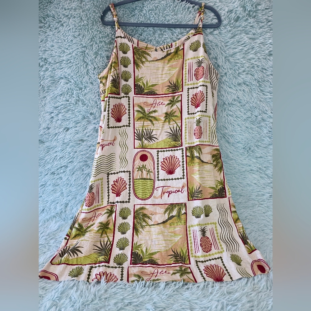 C&C‎ California Pink Green Tropical Fruit Stamp Linen Sundress XL
